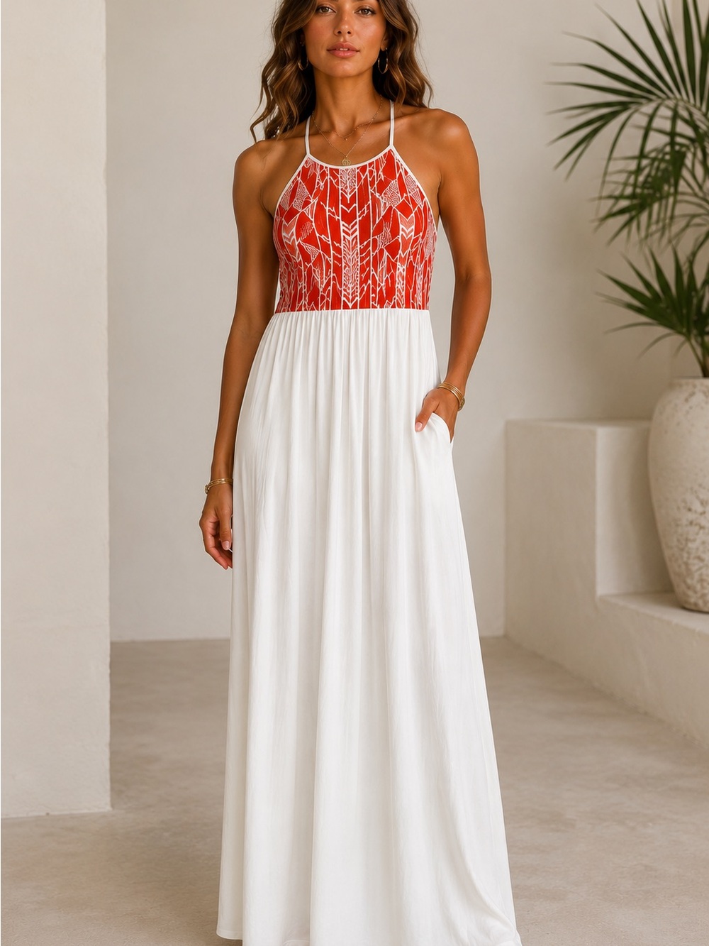 Jealous Tomato Red & White Halter-Style Maxi Dress